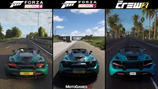 Forza Horizon 4 vs Forza Horizon 5 vs The Crew 2 - McLaren 720S Spider Sound Comparison