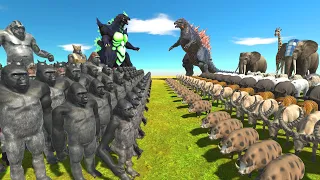 Super Godzilla + Mutant Primates vs Gojira Godzilla + Animals - Animal Revolt Battle Simulator