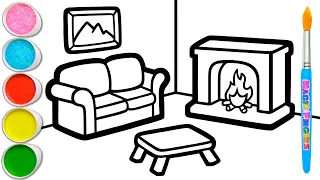 Living Room with Fireplace Drawing, Painting, Coloring for Kids and Toddlers | How to Draw #325