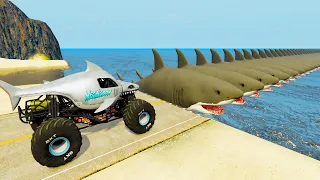 Monster Jam Vs Shark Bridge Rescue - Cars vs Deep Water - BeamNG.Drive