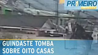 Flagra: guinaste que arrumava torre tomba e cai sobre oito casas | Primeiro Impacto (21/09/23)