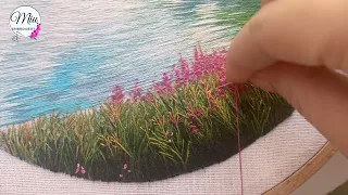 Lake in the Spring🌲+🌸 🌺 Thread Painting Landscape Embroidery