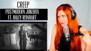 Creep... POSTMODERNJUKEBOX ft. HALEY REINHART | VOICE COACH REACTS | holy belting batman