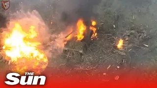 Dramatic moment Russian howitzer bursts into flames after being hit by a Ukrainian brigade