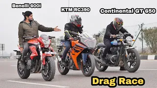 Benelli 600i Vs Ktm Rc 390 Vs Continental GT 650 | Race Till Their Potential | Amazing Battle🔥