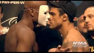 UFC 126 Anderson Silva & Vitor Belfort Weigh-In & Staredown! Anderson Wears A Mask, Vitor Gets Angry