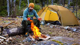 Camping In The Forest With Campfire And Rain