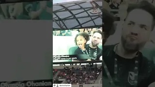 Alexis Ohanian and baby girl Olympia at Angel City game last night . Also all 3 are co owners