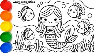 How to Draw mermaid in ocean drawing, Painting and Coloring for Kids & Toddlers | Draw, Paint