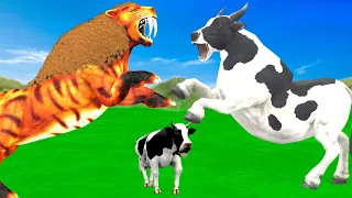 3 Zombie Cows Vs 3 Zombie Buffalos Fight Tiger Chase Cow Cartoon Saved by Woolly Mammoth Elephant