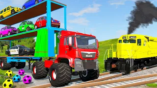 Flatbed Trailer Cars Transportation with Truck Rescue Bus - Cars vs Deep Water - Cars vs Train