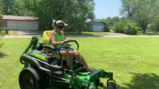 The Boss Lady running the John Deere z960m with the 31hp Kawasaki.