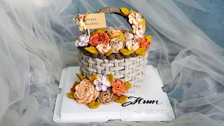How To make Beautiful Basket Flower Cake| Trang Trí Bánh Giỏ Hoa Đẹp Với Hoa Kem Topping