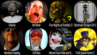 Granny, Mr Meat, Five Nights at Freddy's 3, Stickman Escape Lift, Evil Nun, Troll Quest Horror 2