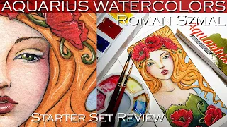 Roman Szmal Aquarius Watercolor Review Starter Set 5 Paint Colors, Swatch, Art Nouveau Painting Demo