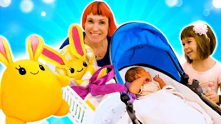 A crib for a baby brother! Kids pretend play babysitter. Mommy for Lucky & family fun video for kids