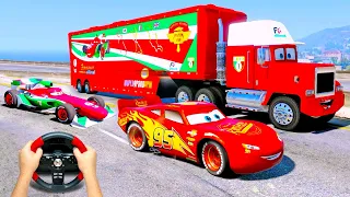 Crazy Cars race with Lightning Mcqueen, Francesco Bernoulli, and his Mack the Truck Racing hauler