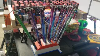 Test #1 18 hole Roman candle rack with 180 shots of OMG fireworks candles.