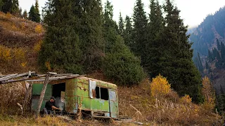 Iron shelter in the mountains, an unexpected find far in the forest, abandoned place