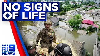 No signs of life in drone footage of dam devastation in Ukraine | 9 News Australia