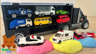 Car Carrier Truck &12 Types of Diecast Cars Trapped in Slimes & Sand 【Kuma's Bear Kids】