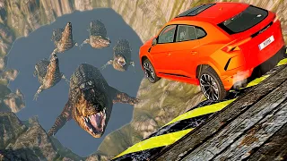 Car Jumps & Falls into Swamp with Hungry Crocodiles - BeamNG.drive