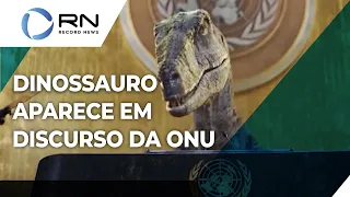 Dinossauro alerta sobre extinção em discurso na ONU