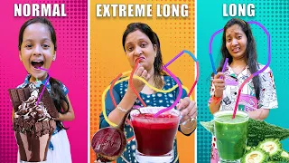 NORMAL STRAW Vs LONG STRAW Vs EXTREME LONG STRAW DRINKING CHALLENGE 🤩| Juice Drinking | Cute Sisters