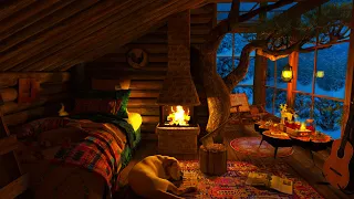 Cozy Treehouse - Blizzard & Fireplace Sounds to Relax, Sleep, Study | Relaxing Treehouse Ambience