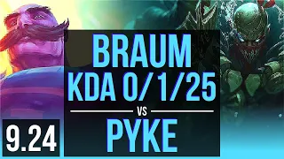 BRAUM & Miss Fortune vs PYKE & Veigar (SUPPORT) | KDA 0/1/25, Rank 12 Braum | EUW Challenger | v9.24