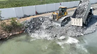 New Project Building New Road On Water ,Bulldozer SHANTUI Push Stone , SHACMAN Truck Unloading Stone