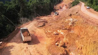 Deep Mountain Road Building Technology Bulldozer Pushing Clearing Rock Dirt Excavator Digging Stone