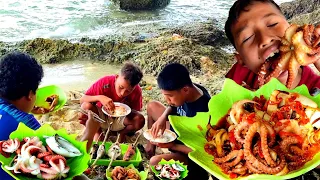 Spicy Seafood|| Hunting, Cooking & Mukbang at Beach 🐙🦑 OCTOPUS & SEASHELLS for eating delicious