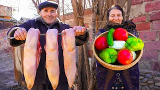 Cooking LARGE BEEF TONGUE Meat Traditional Style in the Village! The Best Azerbaijan Village Food!