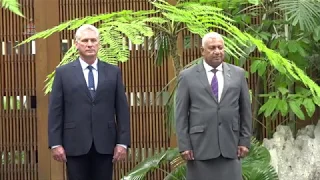 Fijian Prime Minister accorded a guard of honor at the Palace of Revolution in Havana.