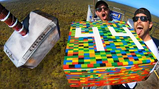 Thor's Hammer Vs. Giant LEGO Block from 45m! (20,000 Bricks!)