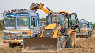 2 JCB 3DX Working with 3 Ashok Leyland Trucks Pond Mud Loading for Strengthen Pond Shore