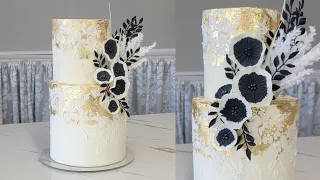 Stenciling EDIBLE GOLD LEAF with Buttercream | NO CUTTERS NEEDED Sugar Fantasy Flowers Cake