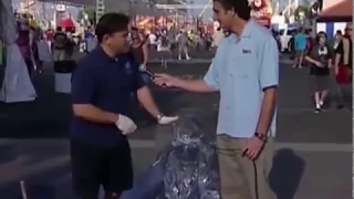 Prankster TV Reporter Ice Sculpture Confession