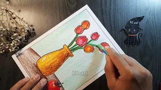 TRANH TĨNH VẬT MÀU - VẼ HOA TULIP ĐƠN GIẢN / [Mĩ thuật 6] Cđ1- Bài2:  | Draw flowerpot /  KC art