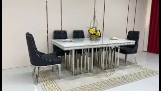 Elegant Marble Dining Table and Chairs with Silver Stainless Steel Frame