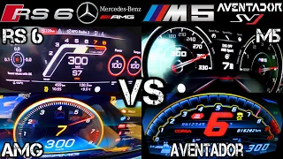 Acceleration Battle 0-300 Audi RS6 vs Mercedes AMG E63 S vs BMW M5 F90 vs Lamborghini Aventador SVJ