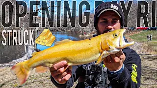 My FIRST GOLDEN! OPENING DAY TROUT FISHING RHODE ISLAND (1v1 CHALLENGE) Catch and Cook!