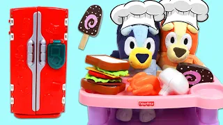 Disney Jr Chef Bluey and Bingo Use Play Doh Refrigerator Kitchen Toys to Cook Huge Lunch Meal Time!