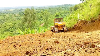 CAT D6R XL Bulldozer Cuts Steep Hill for Plantation Road Construction