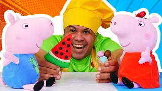 É a Hora do lanche com a Peppa Pig! Vamos fazer picolé e sorvete com brinquedos de pelúcia