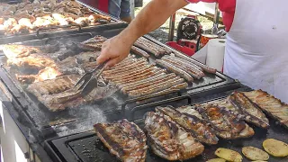 Italy Street Food. Huge Grills Overloaded with Ribs, Sausages and More Meat. Pepero Festival