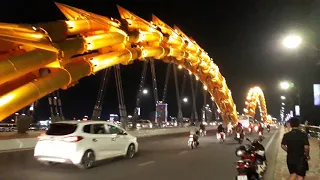 Night Walk Across The Dragon Bridge Danang Vietnam