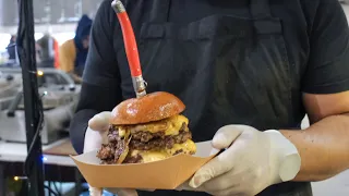 Four Tier Burger with Melting Cheese. London Street Food