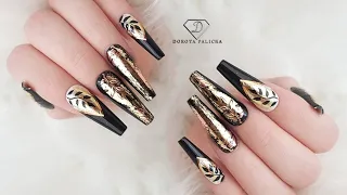 Black and gold nails. Autumn nail art tutorial.